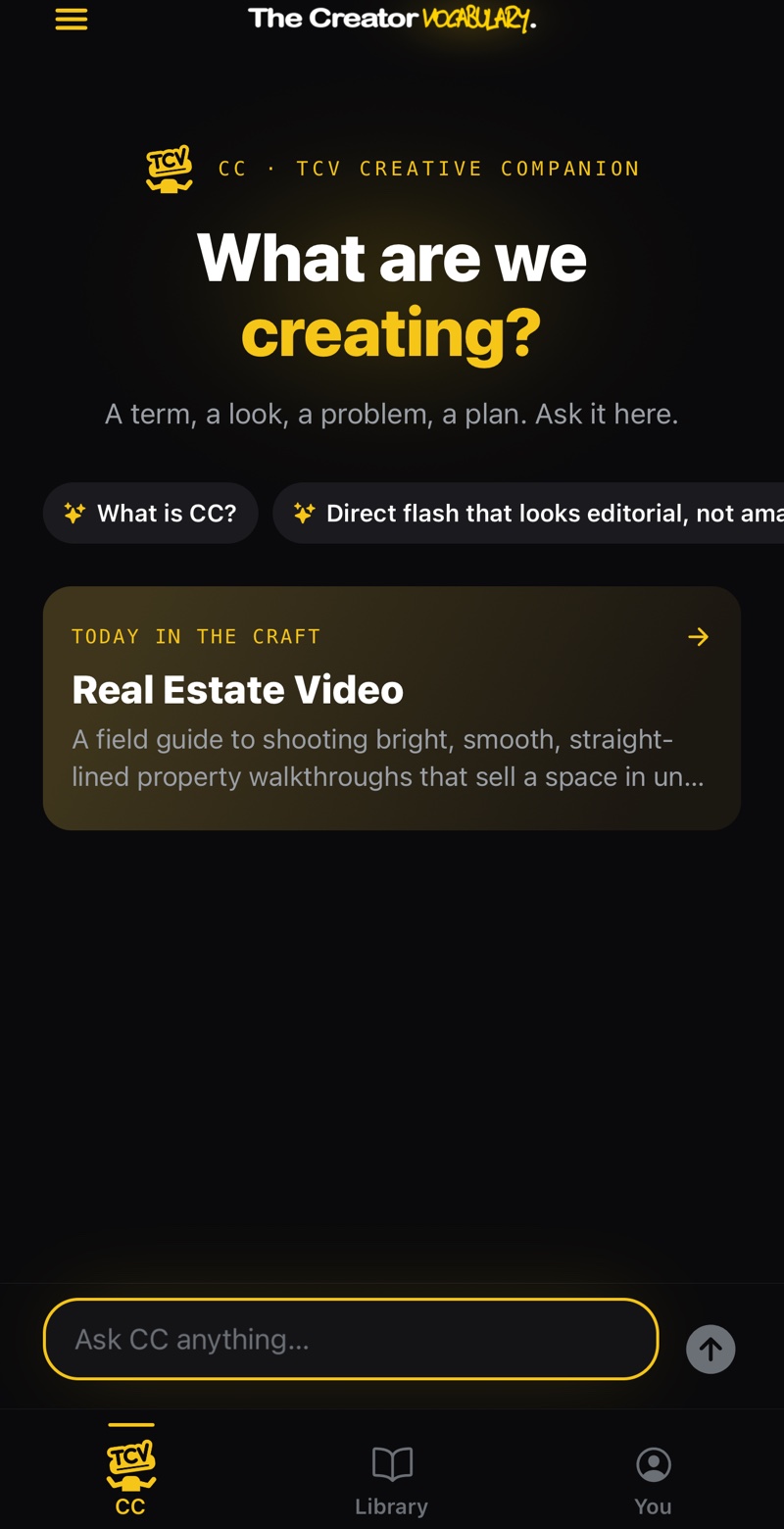 The CC home screen in The Creator Vocabulary app